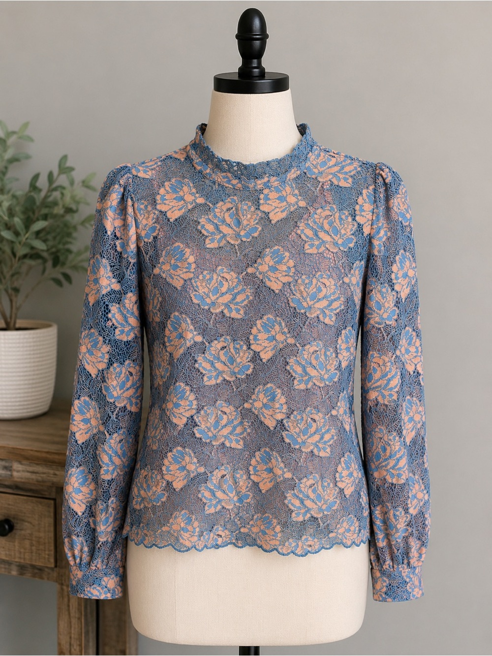 LOFT Lace Floral High-Neck Blouse - Blue & Peach